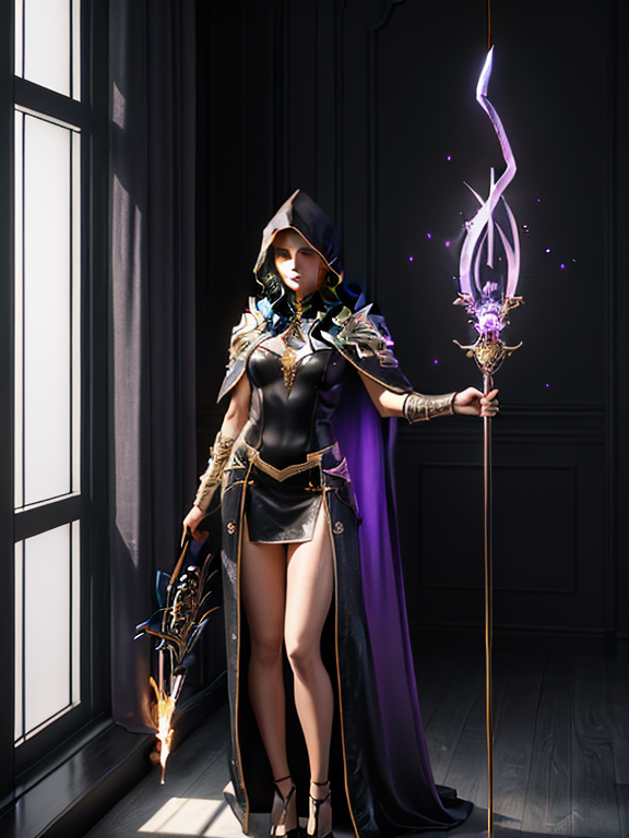 Portrait, A beautiful woman that is standing in a modern room, A young male Fallen Aasimar from DnD Arcane Archer, with a magical bow imbued with fire magic and dark-purple gems growing out of hands and left arm, with grey skin and black shoulder long hair and dark cloak with a hood up corrupted by demons, full body view, real full body height, beautiful woman standing confidently in a bright, modern room with minimal decor, vivid lighting, and an elegant atmosphere, highly detailed and intricate digital painting, with sharp focus and smooth textures, inspired by the works of artgerm, Beautiful hair, Makeup, Octane render, 8k, Beautiful lighting, Golden ratio composition, hyper realistic