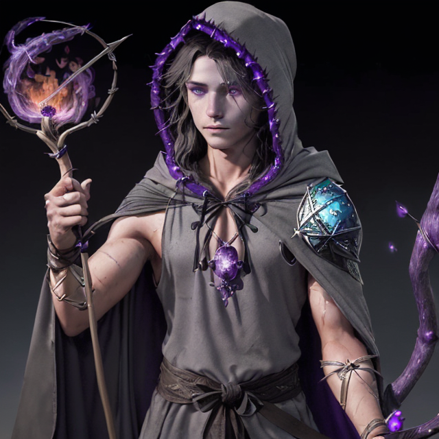 A young male Fallen Aasimar from DnD Arcane Archer, with a magical bow imbued with fire magic and dark-purple gems growing out of hands and left arm, with grey skin and black shoulder long hair and dark cloak with a hood up corrupted by demons, representing the potion's affinity for draconic powers., onold table, rim lights, digital art, focus on subject, dutch angle, clsoe shot, closeup, focus on material and structure, masterpiece, concept art of alchemic element - Draught of the Wyrm, Masterpiece
