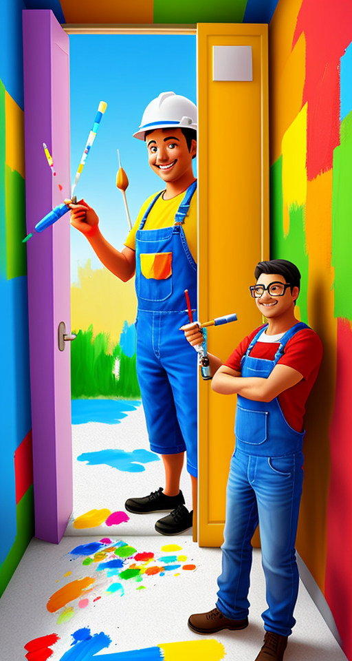 3d guy character, painter, full body,Happy , holding paint roller in hand, paint bucket on the floor, daytime scene, in the background an wall and a room door.