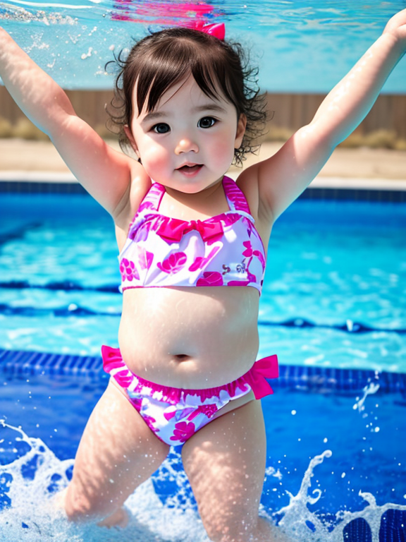 Young chubby toddler on her swimming suit raising up her arms for a photo