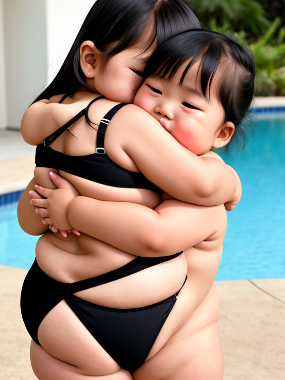 Asian Young chubby toddler on her black bikini crying while hugging her grandpa for comfort