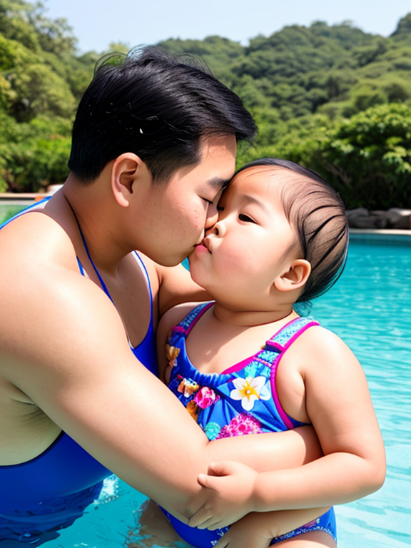 Asian Young chubby toddler on her swimming suit taking a picture with her grandfather. Kissing together 