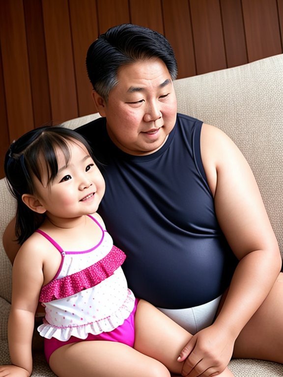 Asian Young chubby toddler on her swimming suit taking a picture with her grandfather. Kissing each other on the couch