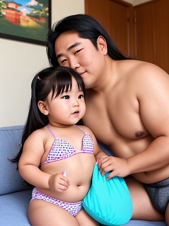 Asian Young chubby toddler on her bikini suit taking a picture with her grandfather. Kissing each other intimately on the couch