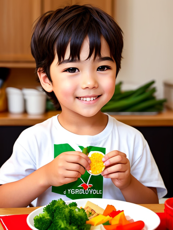 a boy happily eating vegetable food