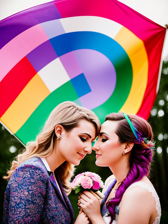 Feminist-lesbian wedding, with  Rainbow flag and feminst symbols