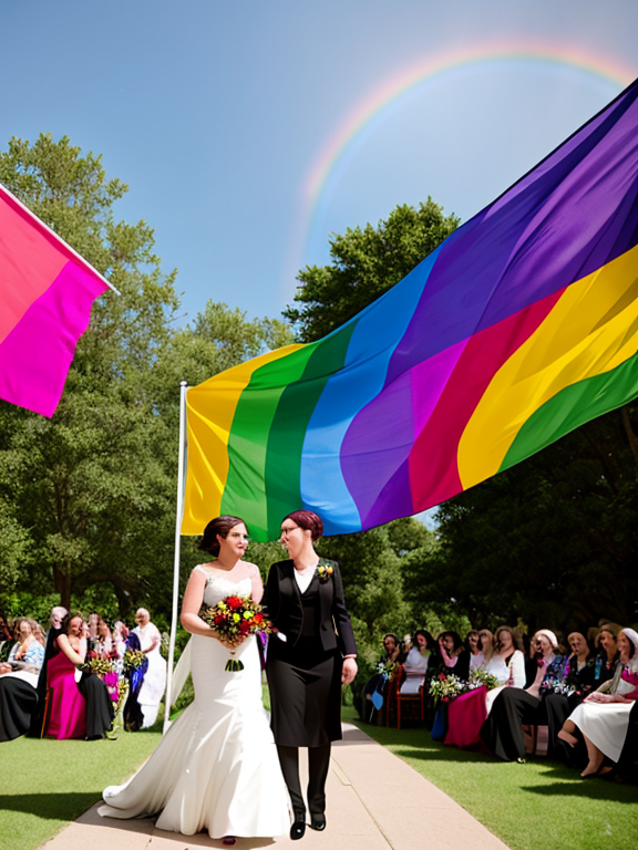 Feminist-lesbian wedding, with  Rainbow flags of  the general flag