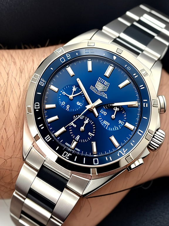     Image d'une montre de luxe Tag Heuer    - Image d'une boutique    - **Palette * Or, noir, argent, bleu marine    - **Style :** Élégant, épuré, polices modernes et professionnelles