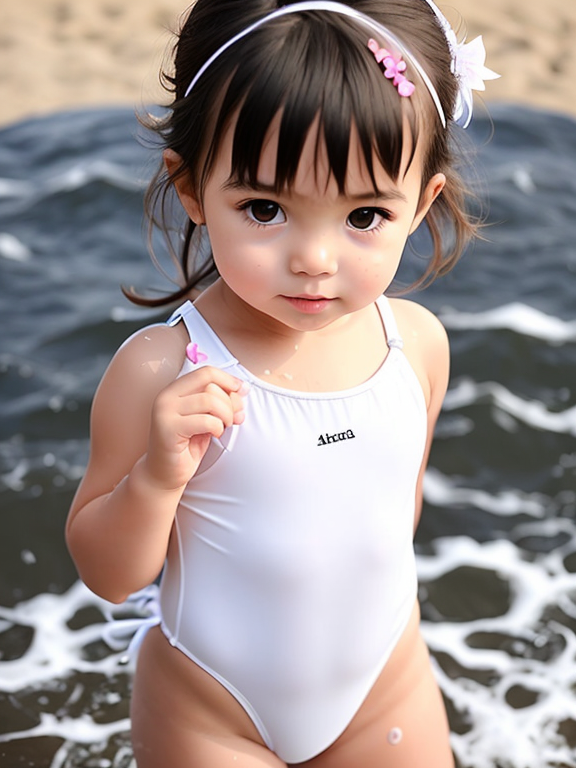 toddler girl in revealing swimsuit covered in wet white foam