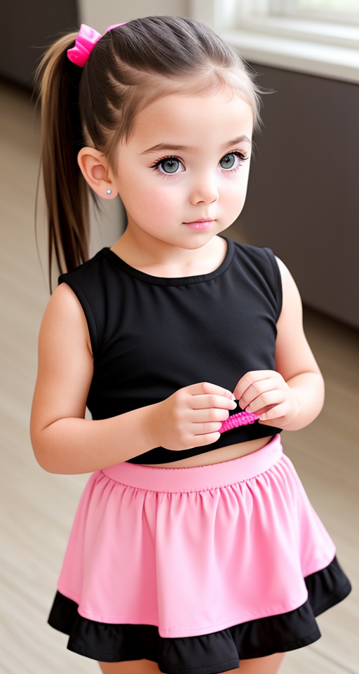 white toddler girl with brunette ponytail wearing short pink skirt, tight black top, make up, eye lashes, 