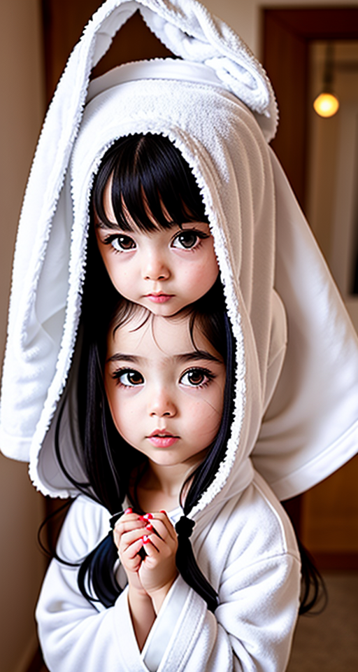 white toddler girl with black hair in bathrobe, no panties, make up, eye lashes, 