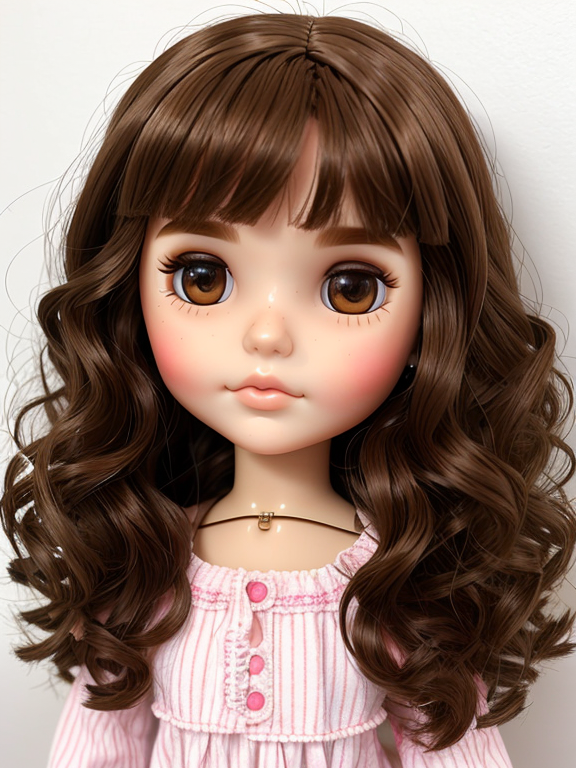Blythe doll with brown wavy hair and brown eyes