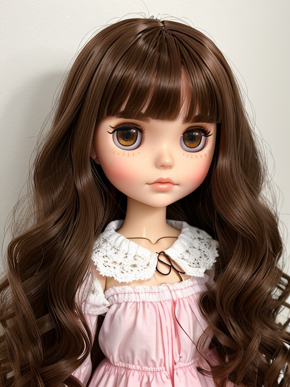 Blythe doll with brown wavy hair and brown eyes and curtain bangs