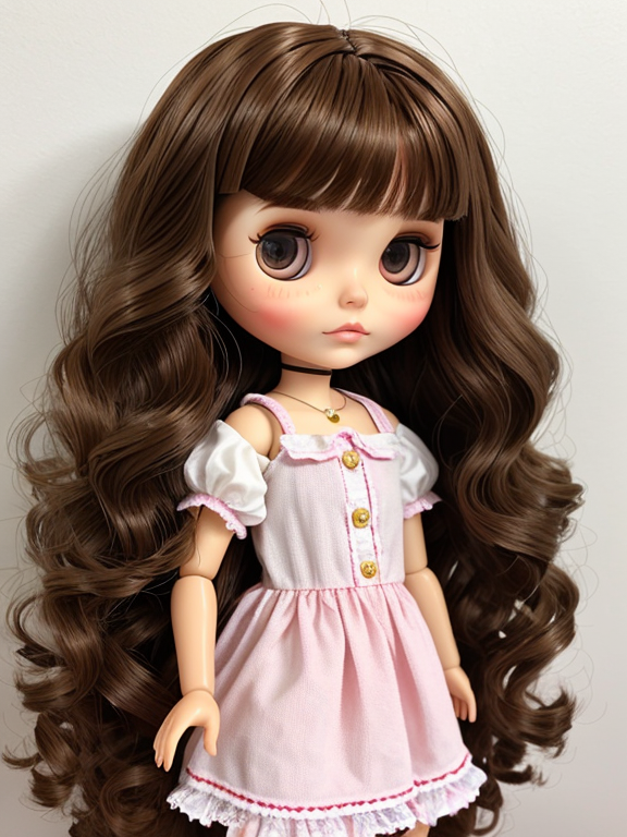 Blythe doll with brown wavy hair and brown eyes and no bangs