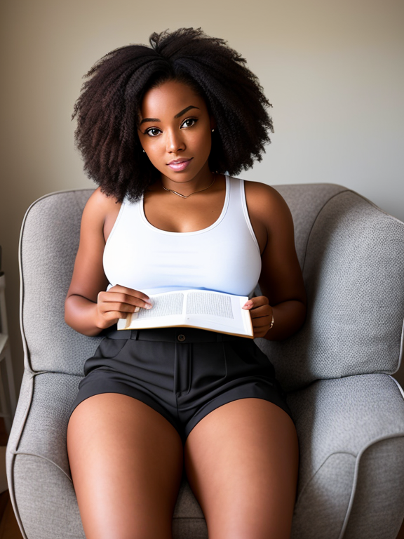 Black woman with sitting on a chair reading spreadingher legs out, she is wearing small shorts with a tank top 