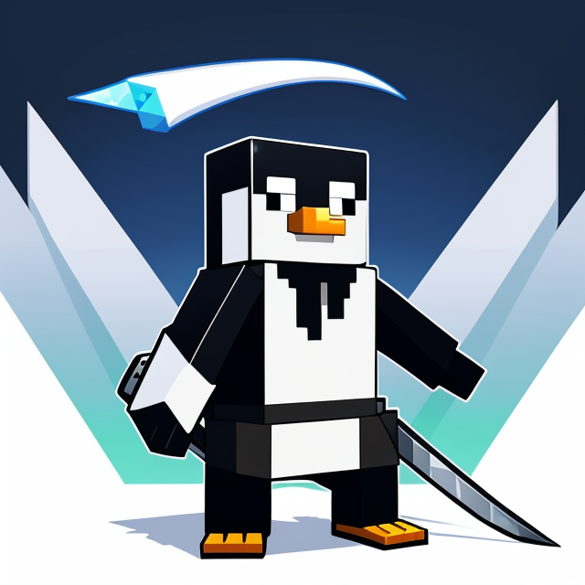 penguin minecraft hold sword diamond and pickaxe, vector, vibrant color, incredibly high details, white background, plashing colors, Cartoon character, stickers designs