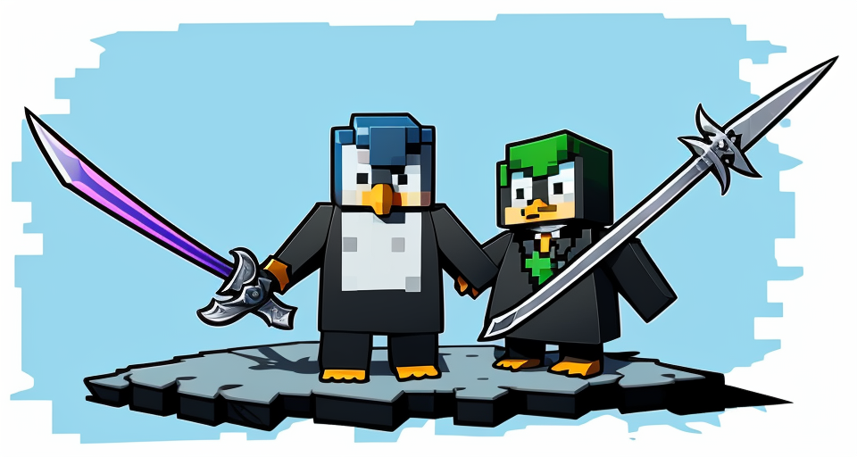 penguin minecraft hold sword diamond and pickaxe and have text PenguinCraft.Online, vector, vibrant color, incredibly high details, white background, plashing colors, Cartoon character, stickers designs