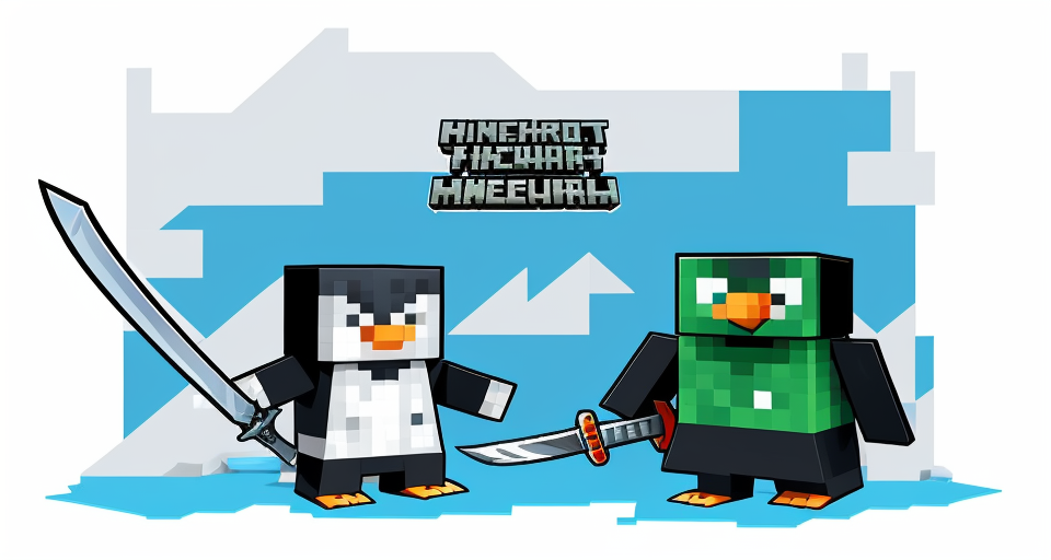 penguin minecraft hold sword diamond and pickaxe and have text PenguinCraft.Online, vector, vibrant color, incredibly high details, white background, plashing colors, Cartoon character, stickers designs