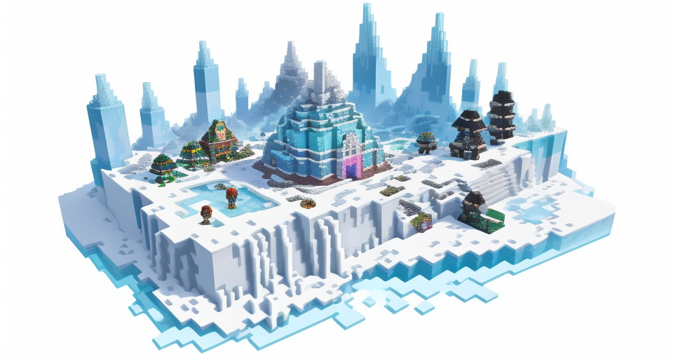 minecraft ice world, vector, vibrant color, incredibly high details, white background, plashing colors, Cartoon character, stickers designs