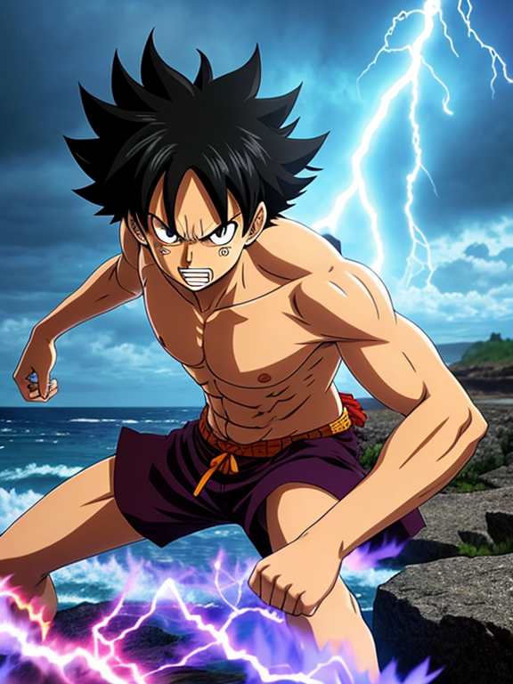 Appearance: Luffy has his signature straw hat, which may be tilted or flying off due to the intense energy. His hair is wild and flows freely, reflecting his untamed power. His body is muscular and covered with haki, giving him a more robust and formidable appearance.  Aura: He emits a bright, electrifying aura that signifies his immense power. This aura may have crackling energy or lightning-like effects around his body.  Pose: Luffy is in a fierce battle pose, perhaps with one arm stretched out, ready to strike, and the other fist clenched. His stance is dynamic, showing motion and readiness for combat.  Expression: His expression is fierce and determined, capturing his fighting spirit and unwavering resolve.  Background: The background is a stormy sky with dark clouds and lightning, adding to the intense and dramatic atmosphere of the scene.  Details: Additional details might include haki-infused markings on his skin, a fierce look in his eyes, and the surrounding environment being affected by his power (e.g., rocks or debris floating around).