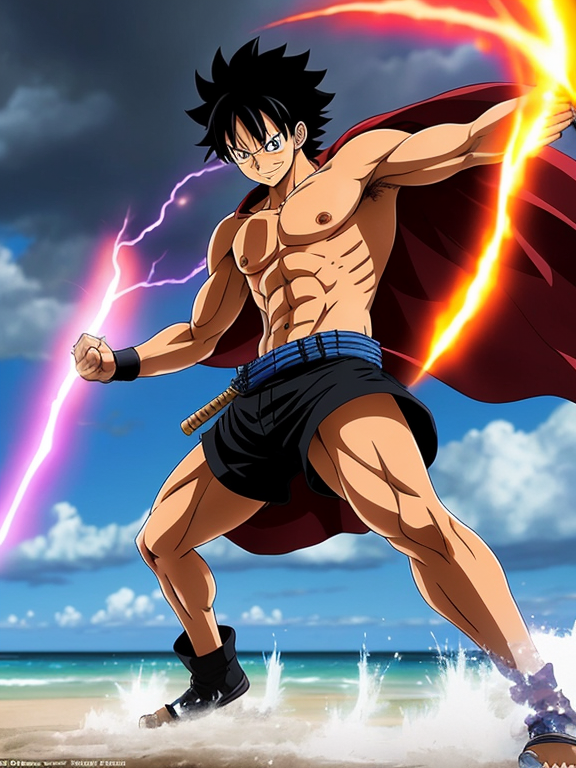Appearance: Luffy has his signature straw hat, which may be tilted or flying off due to the intense energy. His hair is wild and flows freely, reflecting his untamed power. His body is muscular and covered with haki, giving him a more robust and formidable appearance.  Aura: He emits a bright, electrifying aura that signifies his immense power. This aura may have crackling energy or lightning-like effects around his body.  Pose: Luffy is in a fierce battle pose, perhaps with one arm stretched out, ready to strike, and the other fist clenched. His stance is dynamic, showing motion and readiness for combat.  Expression: His expression is fierce and determined, capturing his fighting spirit and unwavering resolve.  Background: The background is a stormy sky with dark clouds and lightning, adding to the intense and dramatic atmosphere of the scene.  Details: Additional details might include haki-infused markings on his skin, a fierce look in his eyes, and the surrounding environment being affected by his power (e.g., rocks or debris floating around).