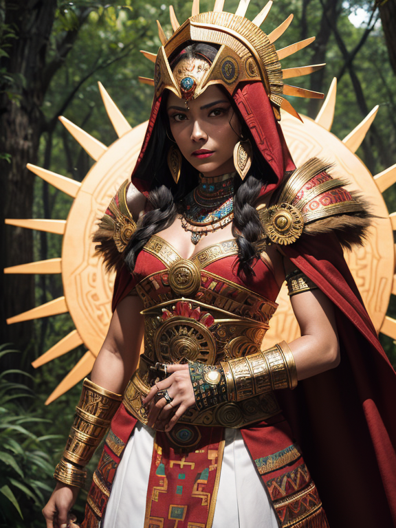 create a real picture of a woman who is the sun sign of Aries, shoulder pads made from intricate wood carvings, stalking cape, hood, winds howl in the trees, natures wrath, r1ge, aztec warrior queen , aztec warrior style, Cyperpunk, wearing Aztec accessories