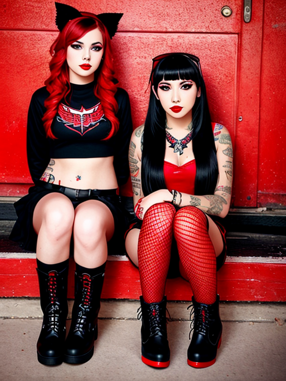 teen girl and teen mom with red lipstick, black eyeliner, tattoos, fishnets, red boots, red wings, red horns, fire background
