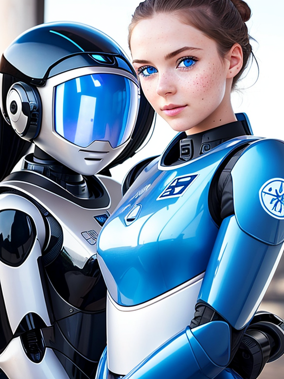 a photo of a beautiful, cute, pilot robot girl standing behind the robot, blue eyes, shiny skin, freckles, detailed skin, price labels, a masterpiece