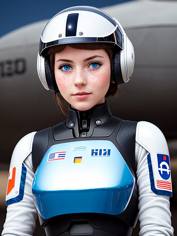 a photo of a beautiful, cute, pilot robot girl standing behind the giant robot, blue eyes, shiny skin, freckles, detailed skin, price labels, a masterpiece, realistic portrait photography taken by