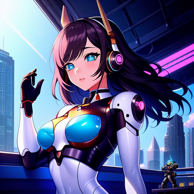 a photo of a beautiful, cute, pilot robot girl standing behind the giant robot, blue eyes, shiny skin, freckles, detailed skin, price labels, a masterpiece, scenic view window, digital art by artists such as Loish, Ross Tran, and Artgerm, highly detailed and smooth, with a playful and whimsical feel, trending on Artstation and Instagram, 2d art, Lofi Music Anime Illustrations Wallpapers, unique and eye-catching thumbnails, covers for your YouTube videos and music tracks, Vector illustration, 2D, Anime style