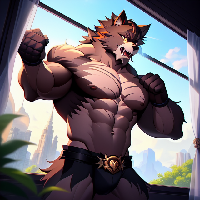 muscular furry werewolf, d, scenic view window, digital art by artists such as Loish, Ross Tran, and Artgerm, highly detailed and smooth, with a playful and whimsical feel, trending on Artstation and Instagram, 2d art, Lofi Music Anime Illustrations Wallpapers, unique and eye-catching thumbnails, covers for your YouTube videos and music tracks, Vector illustration, 2D, Anime style
