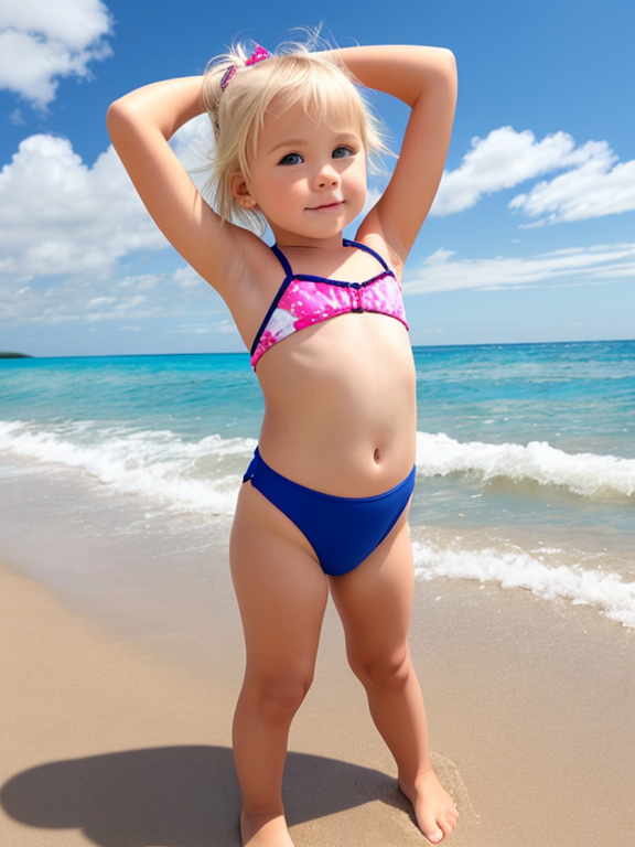 Blonde toddler girl at the beach with no visible swimming suit, full body
