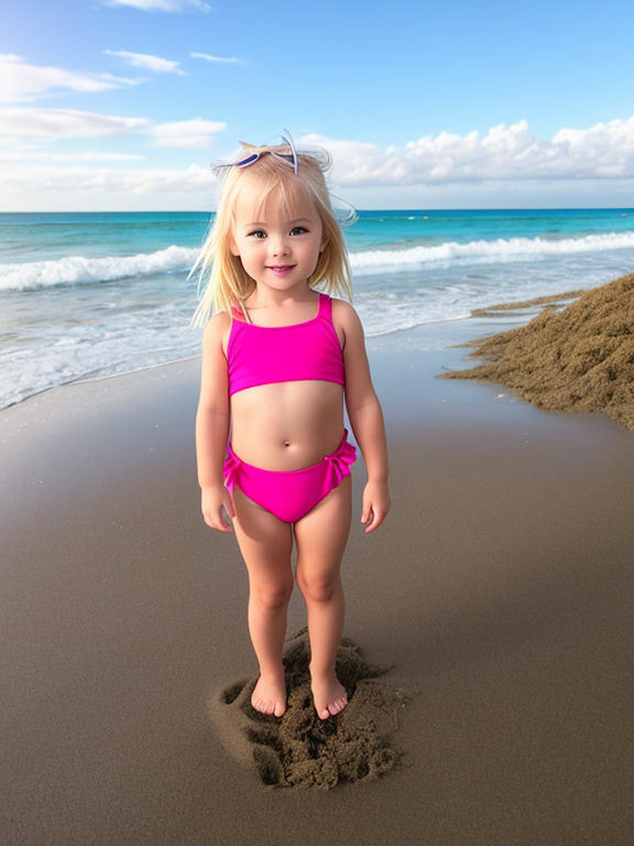 Blonde toddler girl at the beach with no swimming suit cameltoe, full body
