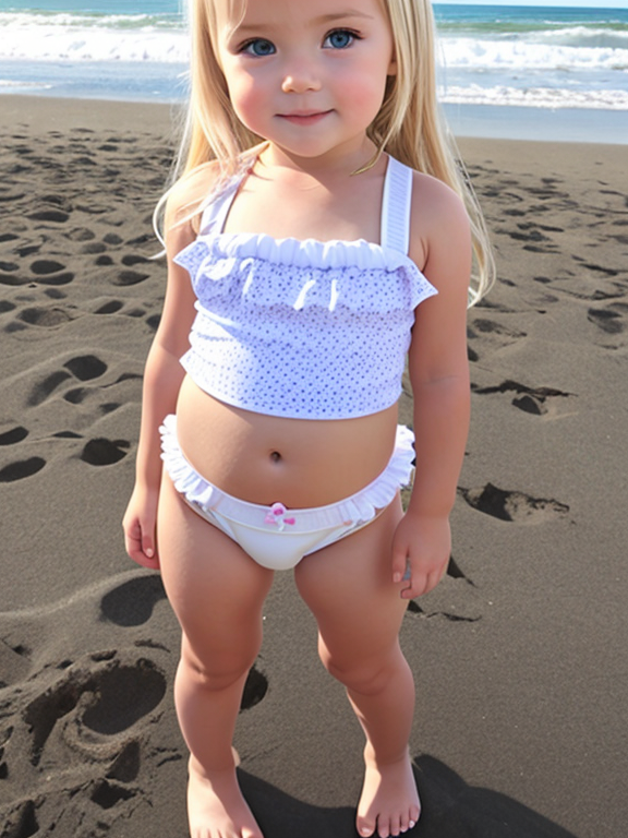 Blonde toddler girl at the beach with just diaper cameltoe, full body