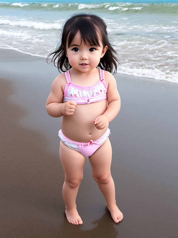 toddler girl at the beach with just tight diaper, full body