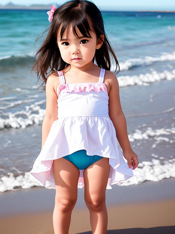toddler girl at the beach with only a tight diaper, full body