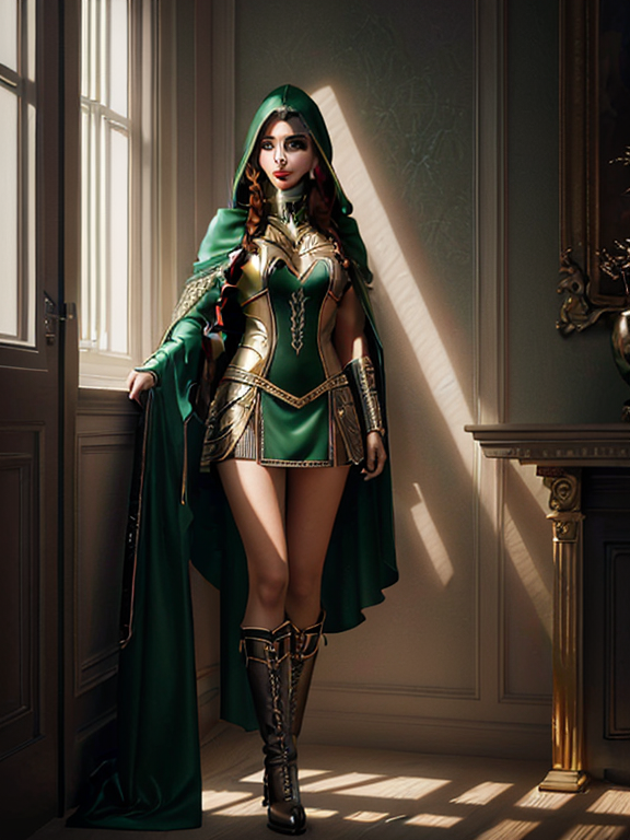 Portrait, A beautiful woman that is standing in a modern room, In a whispering forest, a teenage brunette with a jewel-encrusted silver band and princess braids wields a crossbow. Cloaked in a green and brown hood, her leather boots silent, she's a royal archer, poised and ready., full body view, real full body height, beautiful woman standing confidently in a bright, modern room with minimal decor, vivid lighting, and an elegant atmosphere, highly detailed and intricate digital painting, with sharp focus and smooth textures, inspired by the works of artgerm, Beautiful hair, Makeup, Octane render, 8k, Beautiful lighting, Golden ratio composition, hyper realistic