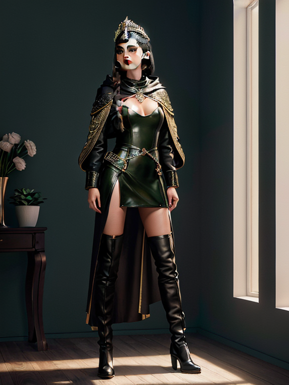 Portrait, A beautiful woman that is standing in a modern room, In a whispering forest, a teenage brunette princess with a jewel-encrusted silver forehead tiara band and princess braids wields a crossbow. Cloaked in a green and brown leather hood, her leather boots silent, she’s a royal archer, poised and ready. a facemask, ninja style. Slim figure, looks like a teenage Mila Kunis, full body view, real full body height, beautiful woman standing confidently in a bright, modern room with minimal decor, vivid lighting, and an elegant atmosphere, highly detailed and intricate digital painting, with sharp focus and smooth textures, inspired by the works of artgerm, Beautiful hair, Makeup, Octane render, 8k, Beautiful lighting, Golden ratio composition, hyper realistic