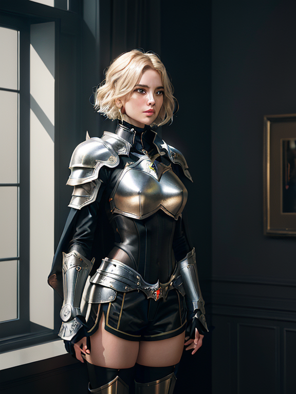 Portrait, A beautiful woman that is standing in a modern room, young blonde woman. short  hair. silver knight armor. black spandex short shorts. armored kneepads. red cape. magic sword.  , James Christensen,. Hyperrealistic art cinematic film still photography, fantasy,. shallow depth of field, vignette, moody, epic, gorgeous,. realism pushed to extreme, fine texture, incredibly lifelike. , full body view, real full body height, beautiful woman standing confidently in a bright, modern room with minimal decor, vivid lighting, and an elegant atmosphere, highly detailed and intricate digital painting, with sharp focus and smooth textures, inspired by the works of artgerm, Beautiful hair, Makeup, Octane render, 8k, Beautiful lighting, Golden ratio composition, hyper realistic