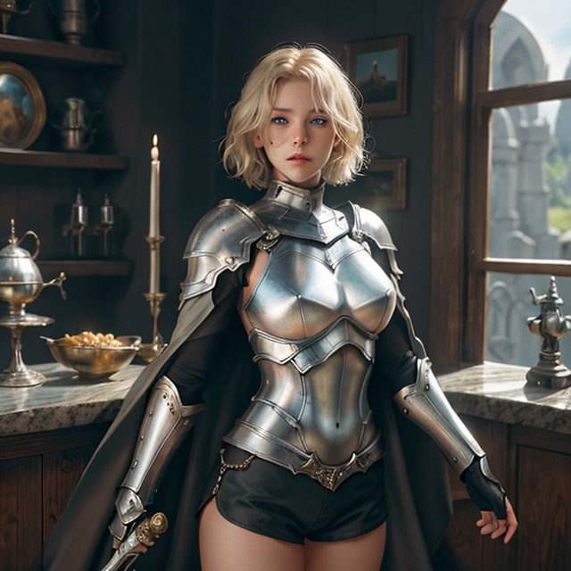 a photo of a beautiful, cute, young blonde woman. short  hair. silver knight armor. black spandex short shorts. armored kneepads. red cape. magic sword.  , James Christensen,. Hyperrealistic art cinematic film still photography, fantasy,. shallow depth of field, vignette, moody, epic, gorgeous,. realism pushed to extreme, fine texture, incredibly lifelike. , standing behind the counter, blue eyes, shiny skin, freckles, detailed skin, price labels, a masterpiece