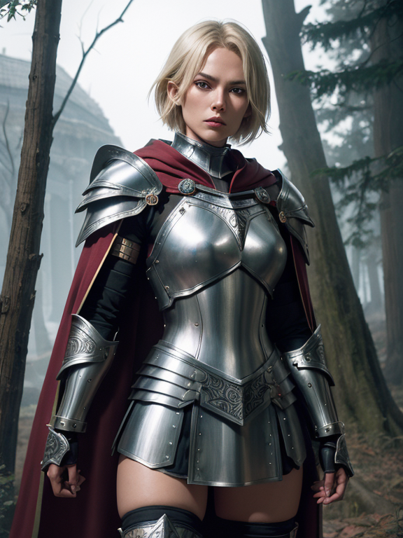 young blonde woman. short  hair. silver knight armor. black spandex miniskirt. armored kneepads. red cape. magic sword.  , James Christensen,. Hyperrealistic art cinematic film still photography, fantasy,. shallow depth of field, vignette, moody, epic, gorgeous,. realism pushed to extreme, fine texture, incredibly lifelike. , shoulder pads made from intricate wood carvings, stalking cape, hood, winds howl in the trees, natures wrath, r1ge, aztec warrior queen , aztec warrior style, Cyperpunk, wearing Aztec accessories