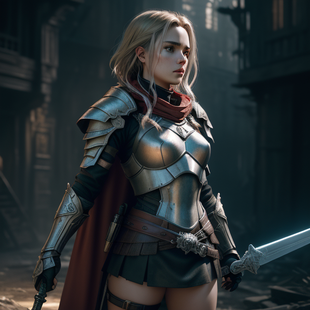 detailed symmetric beautiful hazel eyes, young blonde woman. short  hair. silver knight armor. black spandex miniskirt. armored kneepads. red cape. magic sword.  , James Christensen,. Hyperrealistic art cinematic film still photography, fantasy,. shallow depth of field, vignette, moody, epic, gorgeous,. realism pushed to extreme, fine texture, incredibly lifelike. , apocalyptic environment, splatter drippings, style of Horizon Zero Dawn, style of Brian Froud, Carne Griffiths, Wadim Kashin, John William Waterhouse, centre image, golden hour, 8k, soft lighting aesthetic, edge-to-edge print, volumetric lighting, TanvirTamim, cinematic, colorful background, concept art, dramatic lighting, high detail, highly detailed, hyper realistic, intricate, intricate sharp details, octane render, smooth, studio lighting, trending on artstation