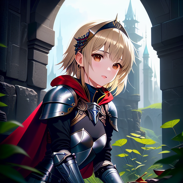 young blonde woman. short  hair. silver knight armor. black spandex miniskirt. armored kneepads. red cape. magic sword.  , James Christensen,. Hyperrealistic art cinematic film still photography, fantasy,. shallow depth of field, vignette, moody, epic, gorgeous,. realism pushed to extreme, fine texture, incredibly lifelike. , scenic view window, digital art by artists such as Loish, Ross Tran, and Artgerm, highly detailed and smooth, with a playful and whimsical feel, trending on Artstation and Instagram, 2d art, Lofi Music Anime Illustrations Wallpapers, unique and eye-catching thumbnails, covers for your YouTube videos and music tracks, Vector illustration, 2D, Anime style