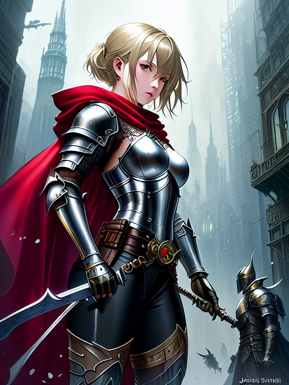 young blonde woman. short  hair. silver knight armor. black spandex short shorts. armored kneepads. red cape. magic sword.  , James Christensen,. Hyperrealistic art cinematic film still photography, fantasy,. shallow depth of field, vignette, moody, epic, gorgeous,. realism pushed to extreme, fine texture, incredibly lifelike. , fantasy character, soul, digital illustration, comic book style, steampunk noir, perfect anatomy, centered, approaching perfection, dynamic, highly detailed, watercolor painting, artstation, concept art, soft, sharp focus, illustration, art by Carne Griffiths and Wadim Kashin, full background
