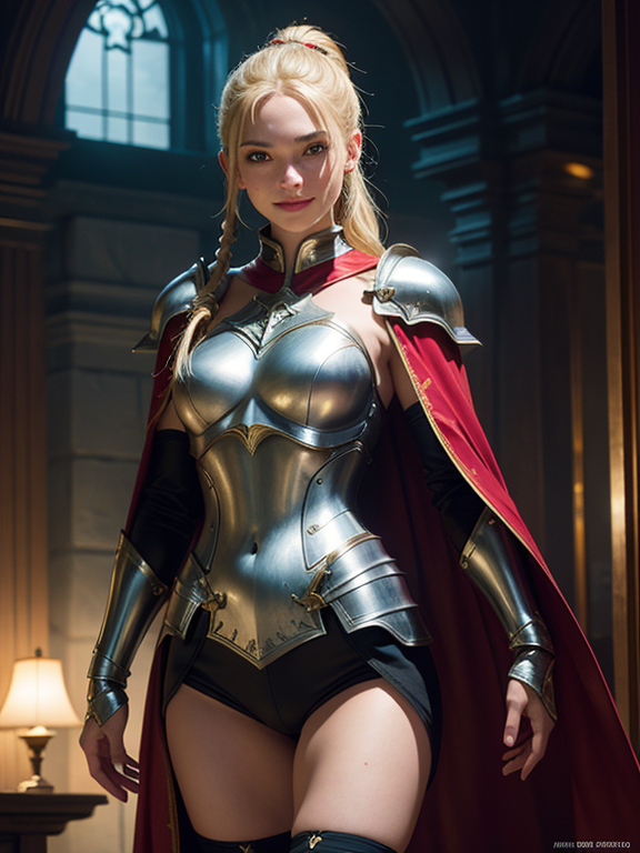 highres, masterpiece, perfect lighting, bloom, night, dark, cinematic lighting, perfect skin, young blonde woman. short  hair. silver knight armor. black spandex short shorts. armored kneepads. red cape. magic sword.  , James Christensen,. Hyperrealistic art cinematic film still photography, fantasy,. shallow depth of field, vignette, moody, epic, gorgeous,. realism pushed to extreme, fine texture, incredibly lifelike. , looking at viewer, vivid green eyes, thick eyebrows, parted bangs, freckles, long flowing hair, ponytail, smile