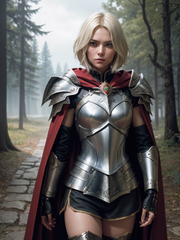 young blonde woman. short  hair. silver knight armor. black spandex short shorts. armored kneepads. red cape. magic sword.  , James Christensen,. Hyperrealistic art cinematic film still photography, fantasy,. shallow depth of field, vignette, moody, epic, gorgeous,. realism pushed to extreme, fine texture, incredibly lifelike. , shoulder pads made from intricate wood carvings, stalking cape, hood, winds howl in the trees, natures wrath, r1ge, aztec warrior queen , aztec warrior style, Cyperpunk, wearing Aztec accessories