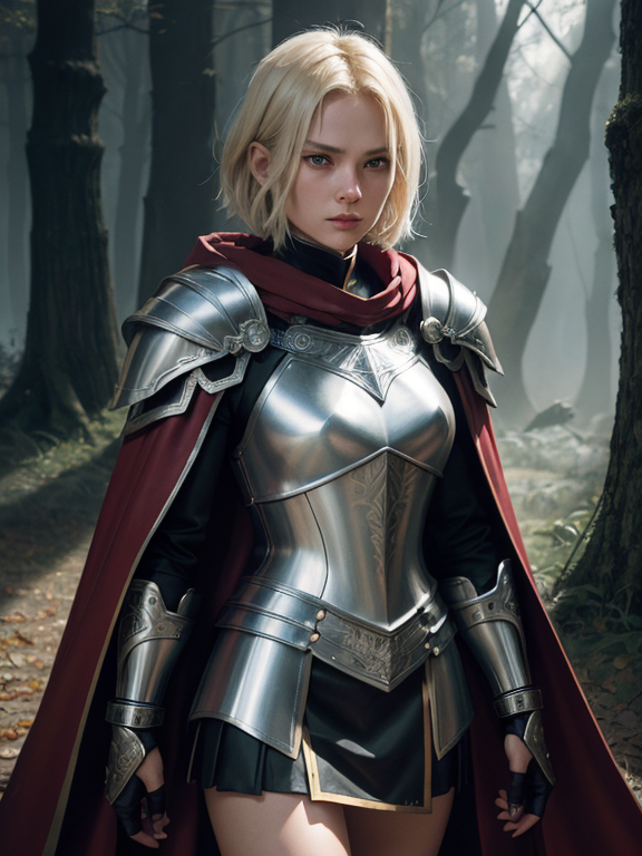 young blonde woman. short  hair. silver knight armor. black spandex miniskirt. armored kneepads. red cape. magic sword.  , James Christensen,. Hyperrealistic art cinematic film still photography, fantasy,. shallow depth of field, vignette, moody, epic, gorgeous,. realism pushed to extreme, fine texture, incredibly lifelike. , shoulder pads made from intricate wood carvings, stalking cape, hood, winds howl in the trees, natures wrath, r1ge, aztec warrior queen , aztec warrior style, Cyperpunk, wearing Aztec accessories