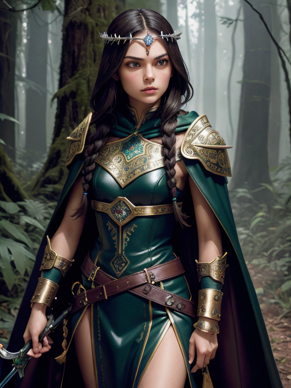 In a whispering forest, a teenage brunette princess with a jewel-encrusted silver forehead tiara band and princess braids wields a crossbow. Cloaked in a green and brown leather hood, her leather boots silent, she’s a royal archer, poised and ready. a facemask, ninja style. Slim figure, looks like a teenage Mila Kunis , James Christensen,. Hyperrealistic art cinematic film still photography, fantasy,. shallow depth of field, vignette, moody, epic, gorgeous,. realism pushed to extreme, fine texture, incredibly lifelike. , shoulder pads made from intricate wood carvings, stalking cape, hood, winds howl in the trees, natures wrath, r1ge, aztec warrior queen , aztec warrior style, Cyperpunk, wearing Aztec accessories