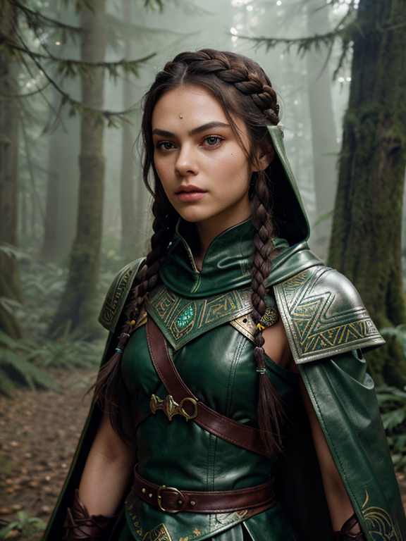 In a whispering forest, a teenage brunette princess with a jewel-encrusted silver forehead tiara band and princess braids wields a crossbow. Cloaked in a green and brown leather hood, her leather boots silent, she’s a royal archer, poised and ready. a facemask, ninja style. Slim figure, looks like a teenage Mila Kunis , James Christensen,. Hyperrealistic art cinematic film still photography, fantasy,. shallow depth of field, vignette, moody, epic, gorgeous,. realism pushed to extreme, fine texture, incredibly lifelike. , shoulder pads made from intricate wood carvings, stalking cape, hood, winds howl in the trees, natures wrath, r1ge, aztec warrior queen , aztec warrior style, Cyperpunk, wearing Aztec accessories