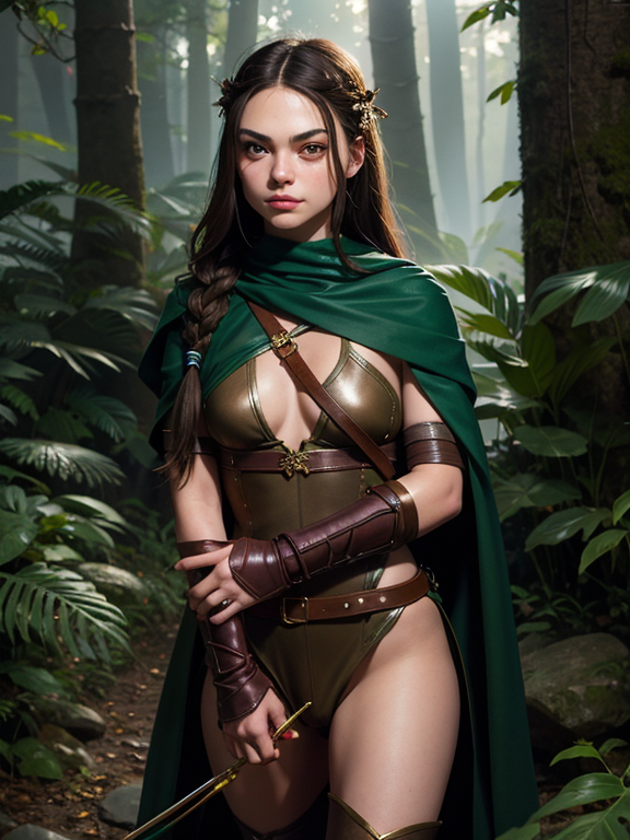 highres, masterpiece, perfect lighting, bloom, night, dark, cinematic lighting, perfect skin, In a whispering forest, a teenage brunette princess with a jewel-encrusted silver forehead tiara band and princess braids wields a crossbow. Cloaked in a green and brown leather hood, her leather boots silent, she’s a royal archer, poised and ready. a facemask, ninja style. Slim figure, looks like a teenage Mila Kunis , James Christensen,. Hyperrealistic art cinematic film still photography, fantasy,. shallow depth of field, vignette, moody, epic, gorgeous,. realism pushed to extreme, fine texture, incredibly lifelike. , looking at viewer, vivid green eyes, thick eyebrows, parted bangs, freckles, long flowing hair, ponytail, smile